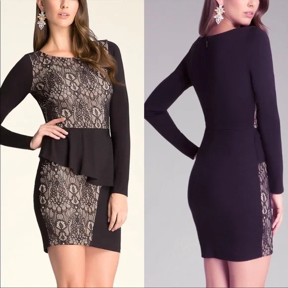 bebe peplum dress NWT bebe black White cutout front Peplum Geo Print zip back top dress S  Small